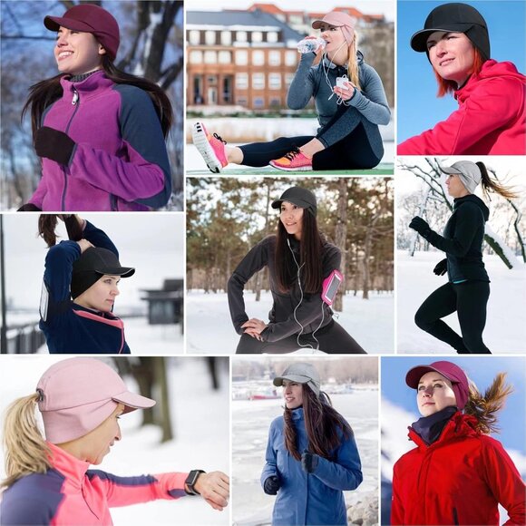 Women's Black Winter Ponytail Reflective Drop Down Ear Warmer Fleece Running Hat - Picture 6 of 6